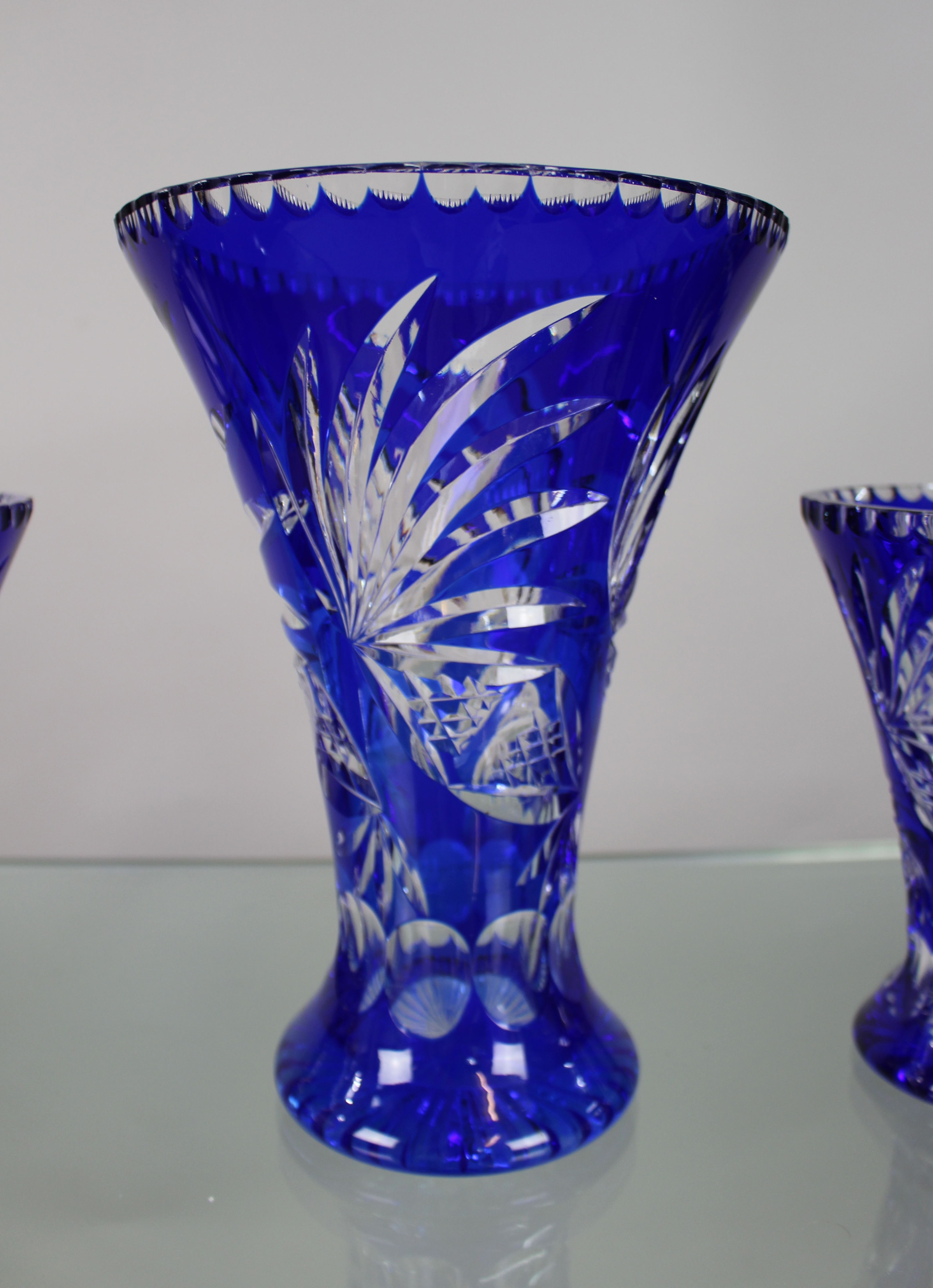 Fine Vintage Cobalt Blue Overlay Crystal Trio of Vases - Image 5 of 7
