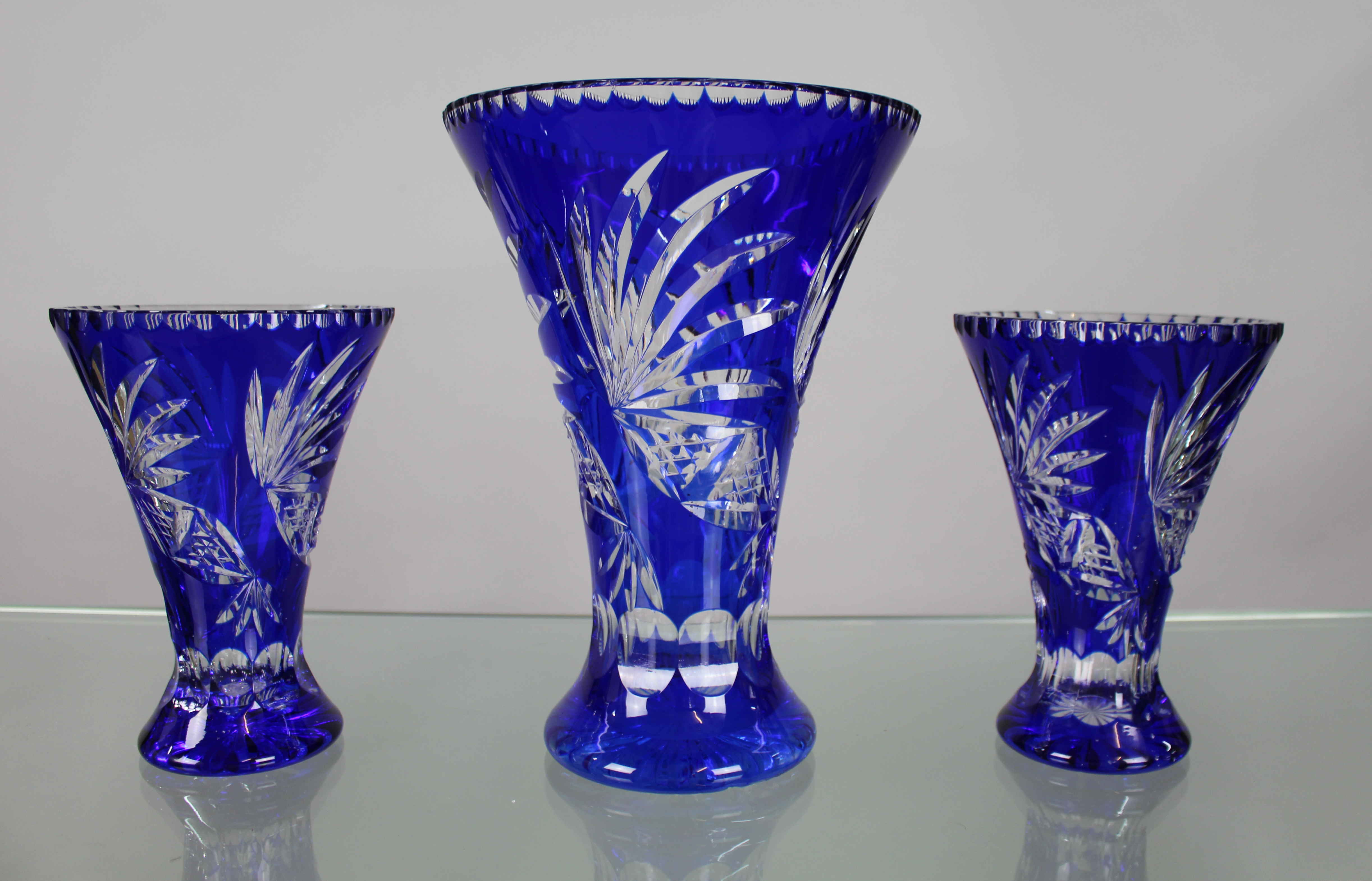 Fine Vintage Cobalt Blue Overlay Crystal Trio of Vases