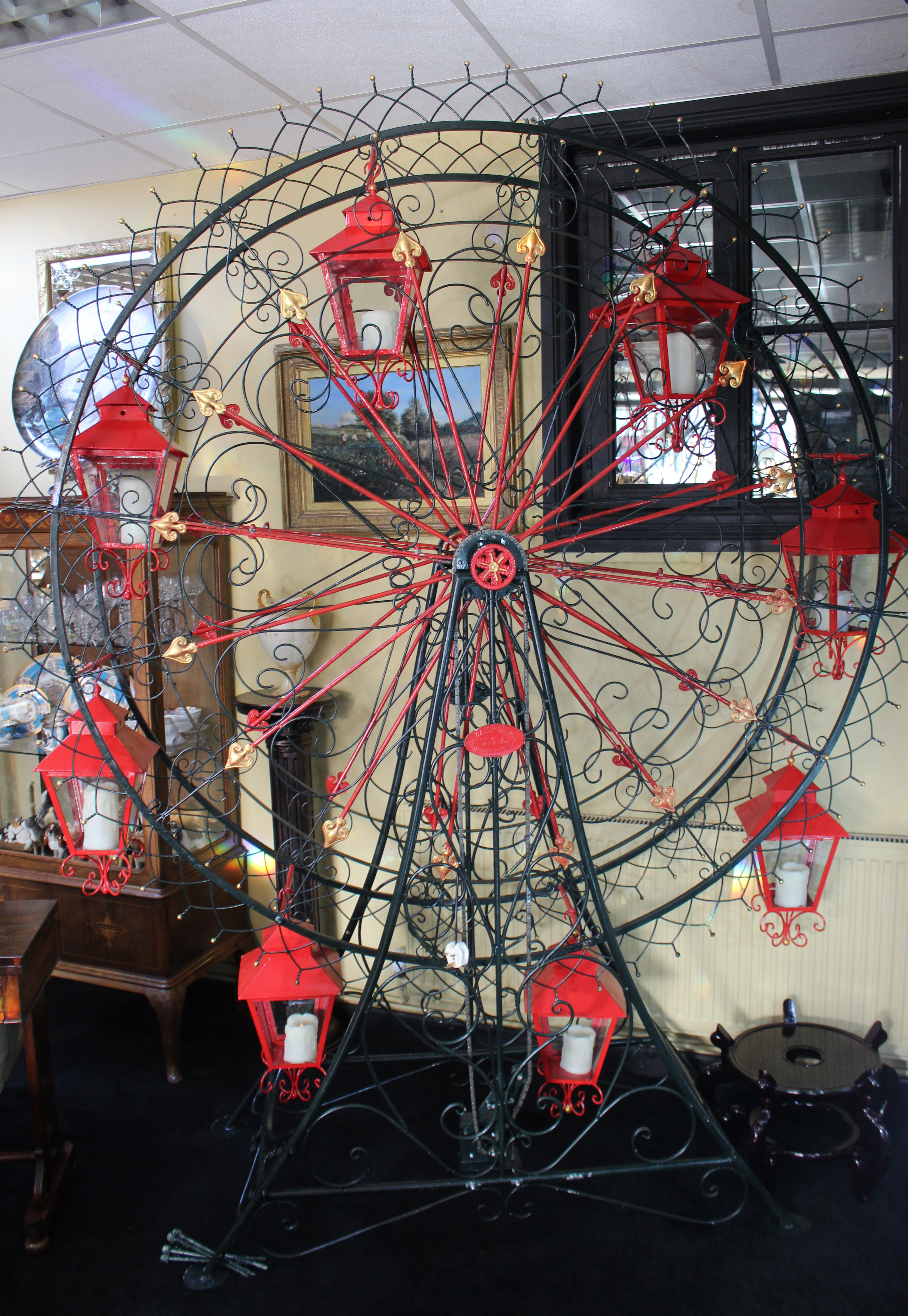 Very Large Painted Metal Garden Ferris Wheel with Lanterns