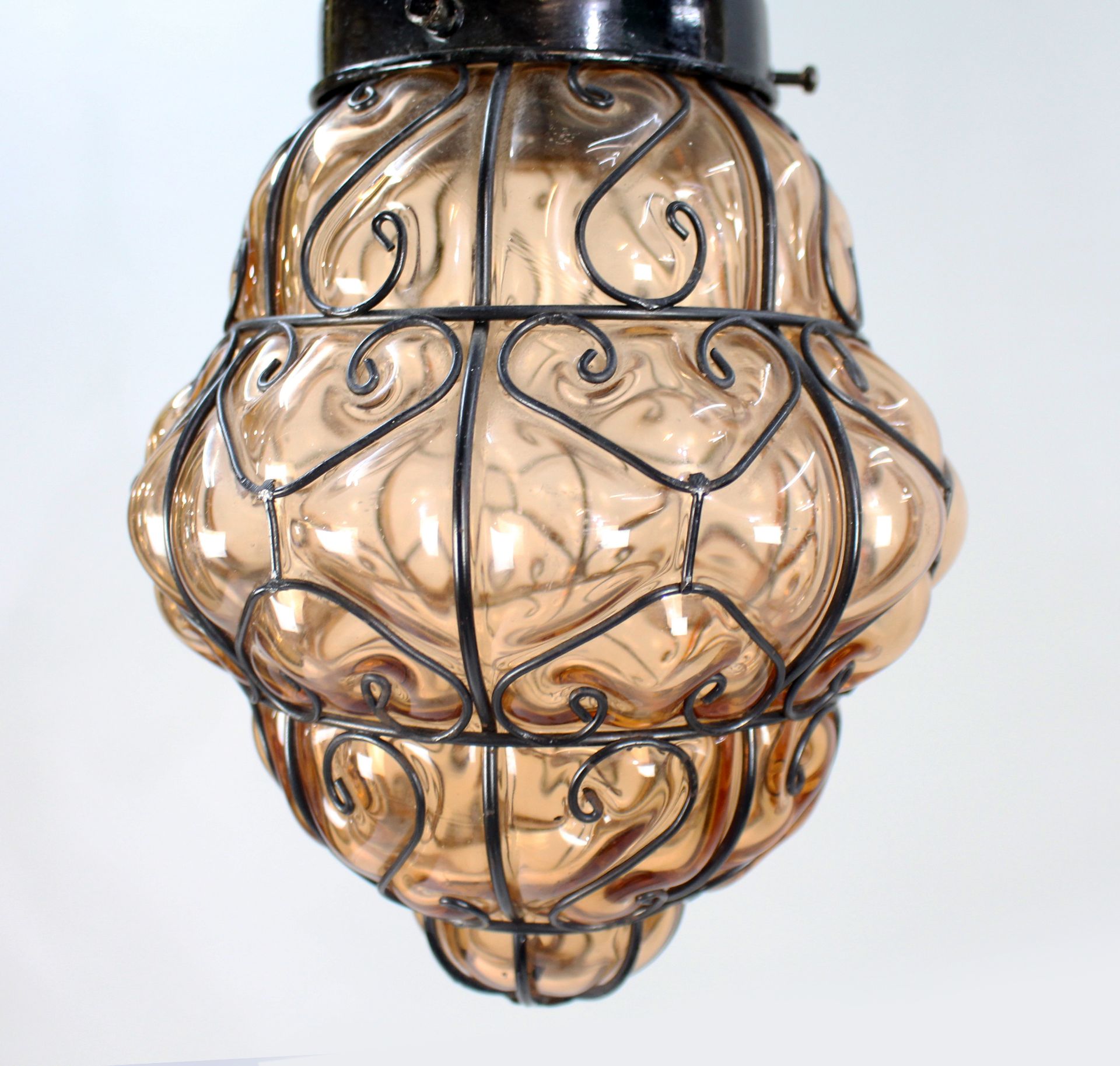 Mid 20th c. Handblown Seguso Murano Amber Glass Caged Pendant Light - Image 5 of 6