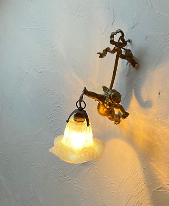 French Gilt Cherub Wall Light with Vaseline Glass Shade