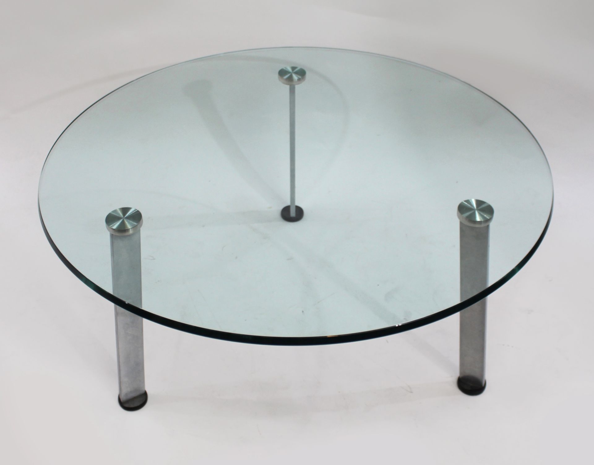 Designer Scandinavian Glass Topped Chrome Circular Coffee Table - Image 2 of 3