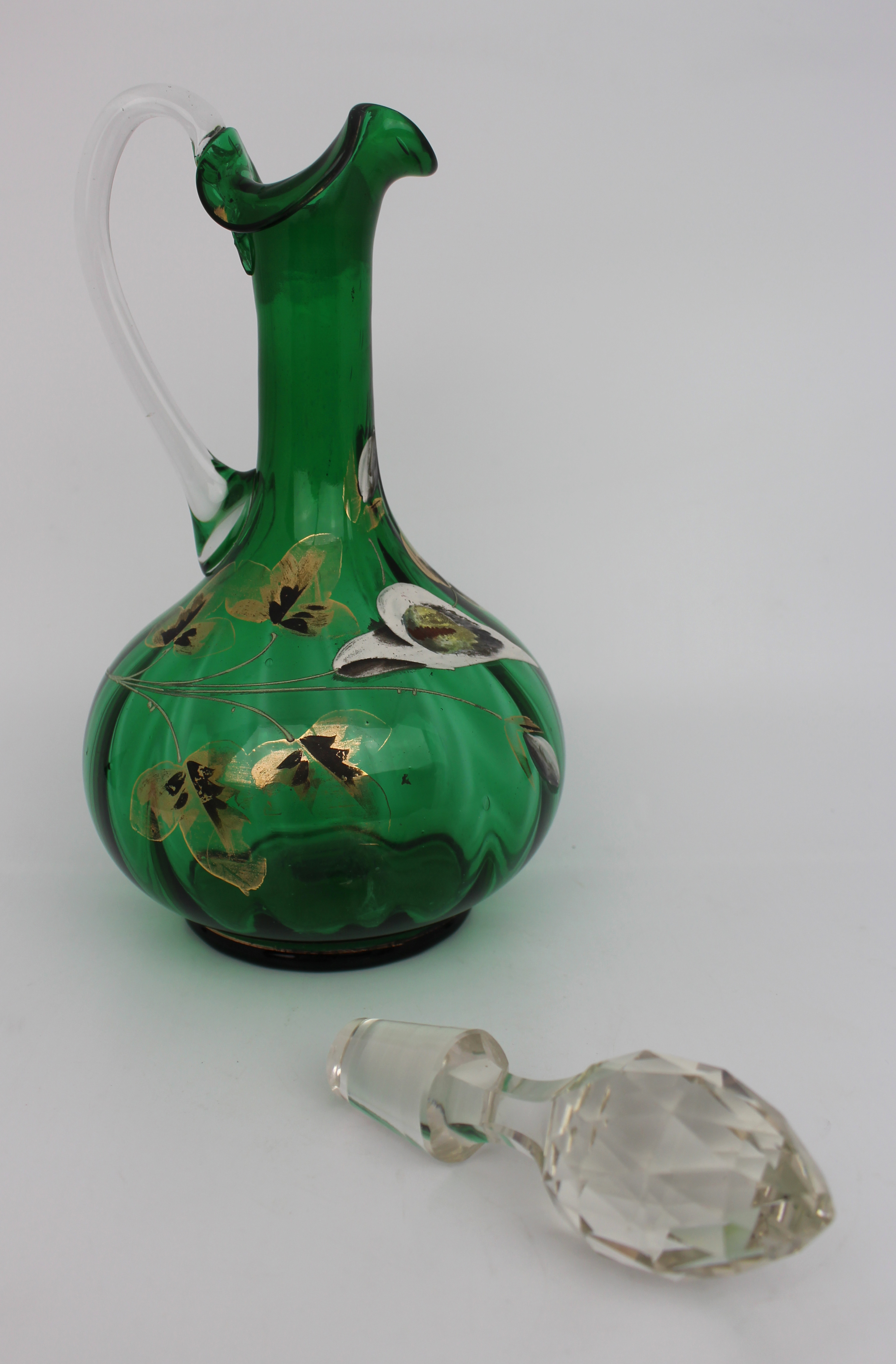 Antique Hand Painted Green Glass Claret Jug - Image 5 of 6