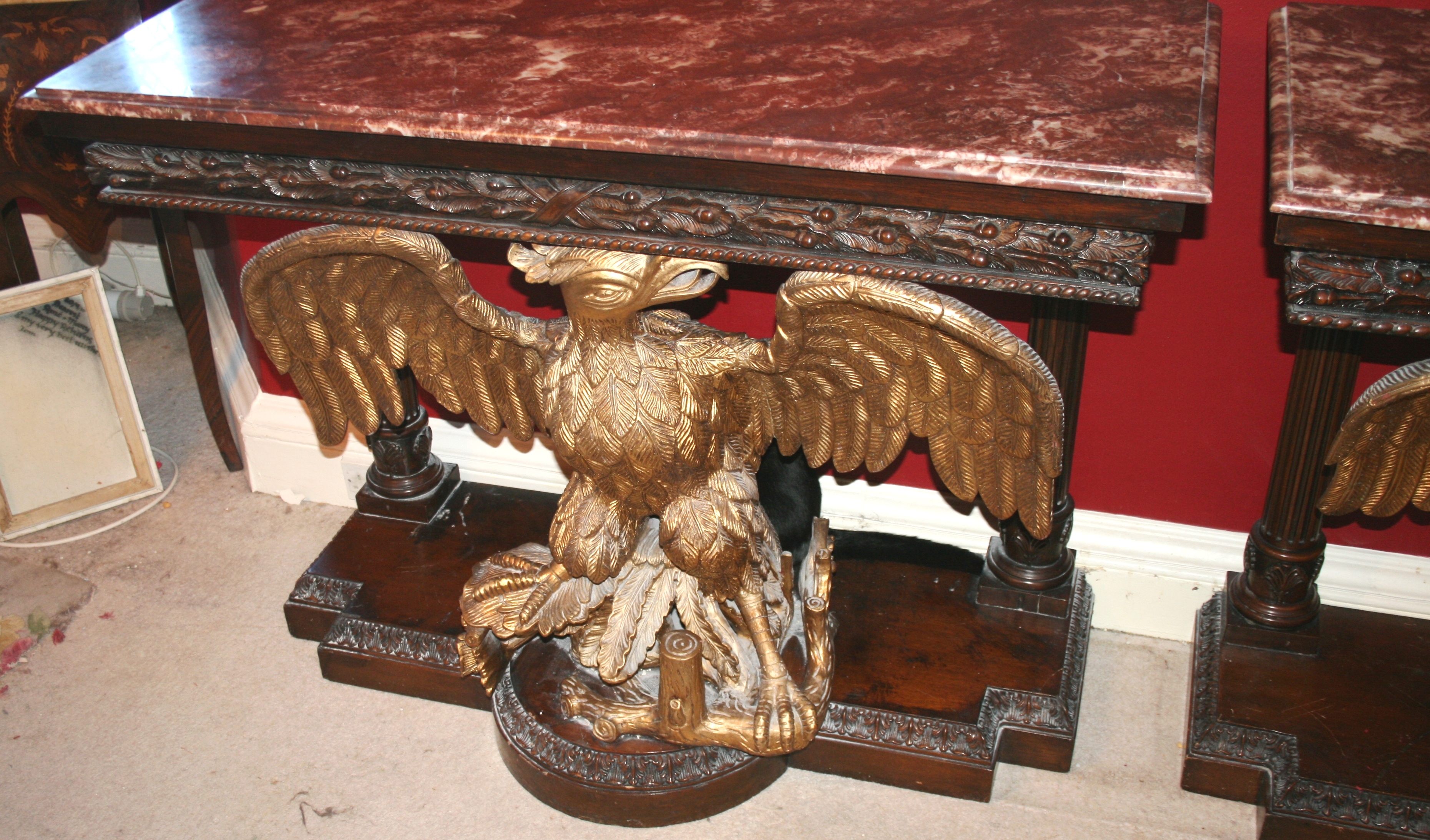 Pair of Marble Topped Mahogany & Giltwood Eagle Console Tables c.1890 - Bild 3 aus 8