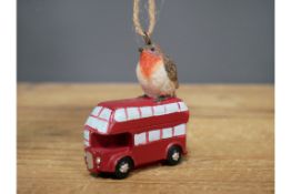 4x Robin on London Bus Hanging Ornament