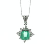 Platinum Emerald Cluster Diamond And Emerald Pendant (E1.42) 0.32 Carats