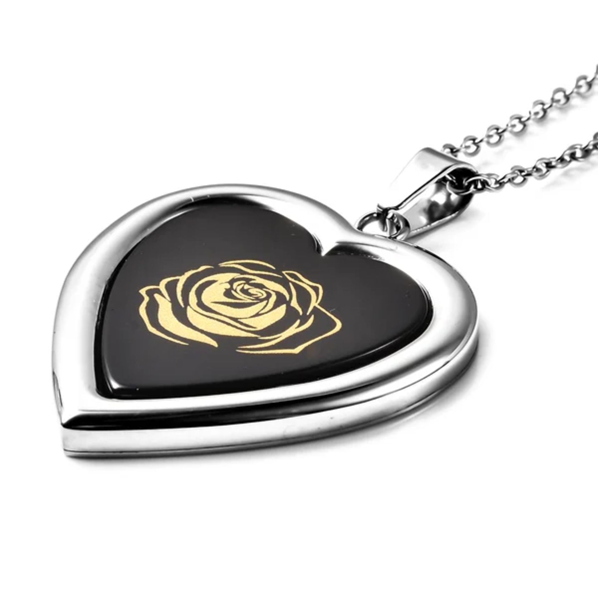 NEW!! Black Agate Rose Pattern Heart Shaped Pendant with Chain - Image 2 of 3