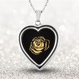 NEW!! Black Agate Rose Pattern Heart Shaped Pendant with Chain