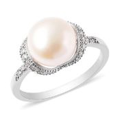 NEW!! Freshwater White Pearl and Simulated Diamond Ring in Rhodium Overlay