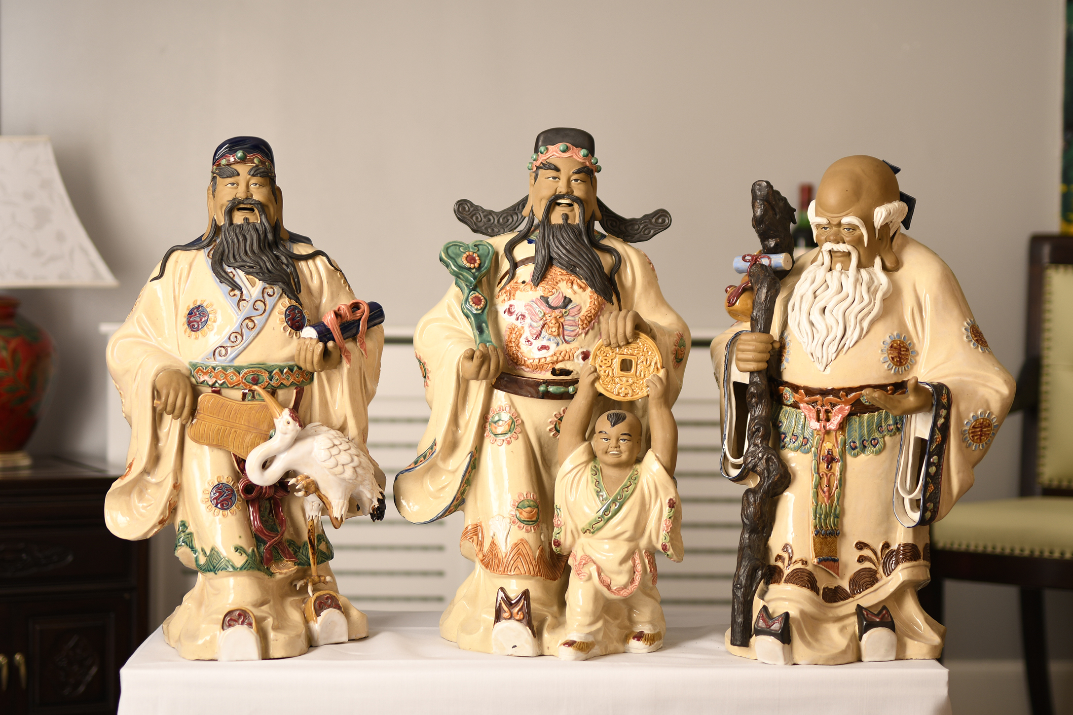 Large Set of 3 Hand Made Porcelain Gods