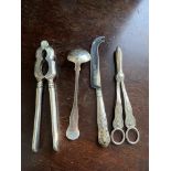 Vintage Silver Plate Grape Scissors, Cheese Knife, Walnut Cracker, Gravy Ladle