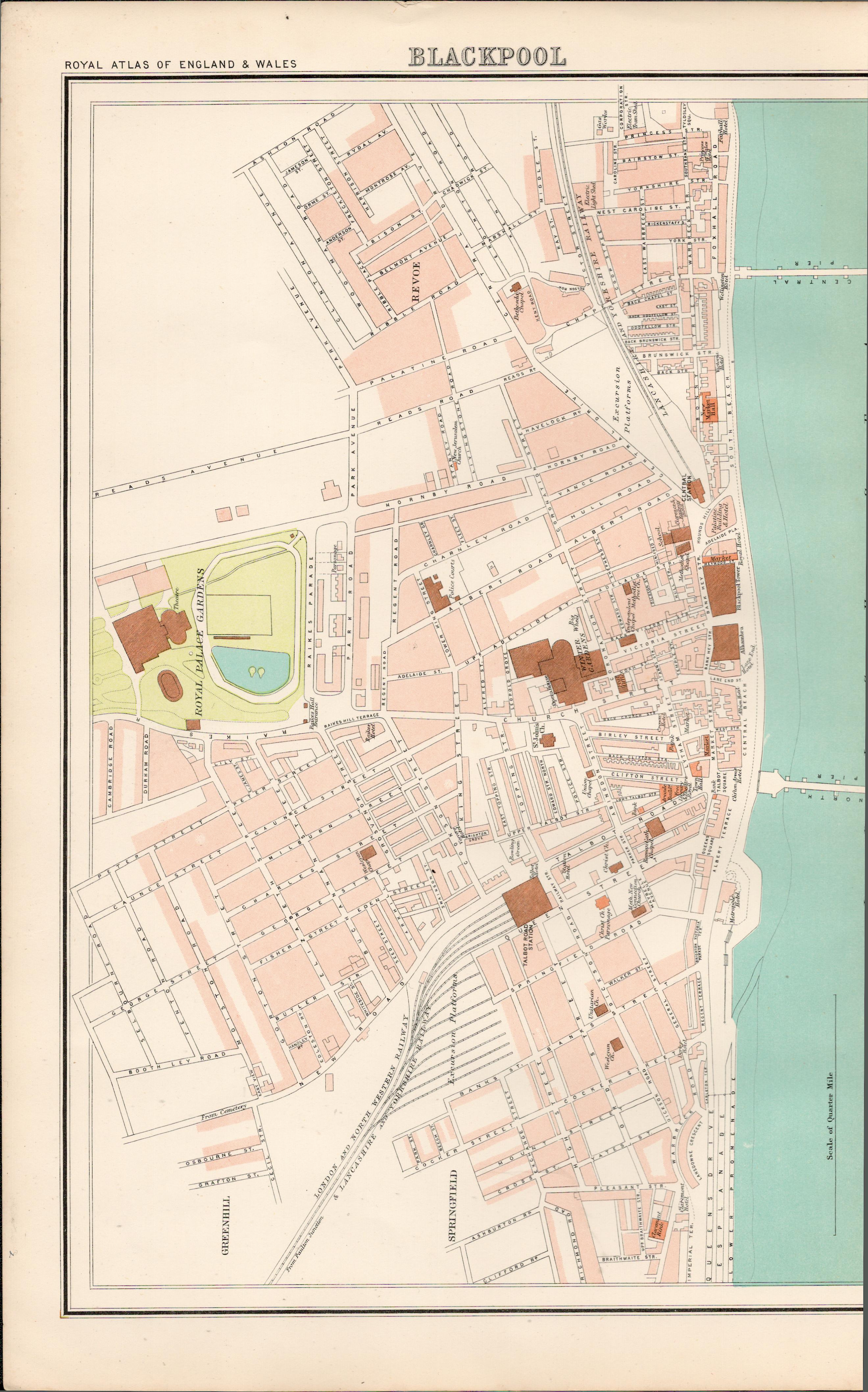 Victorian Map of Blackpool Winter Gardens, North & Central Pier, The Beach