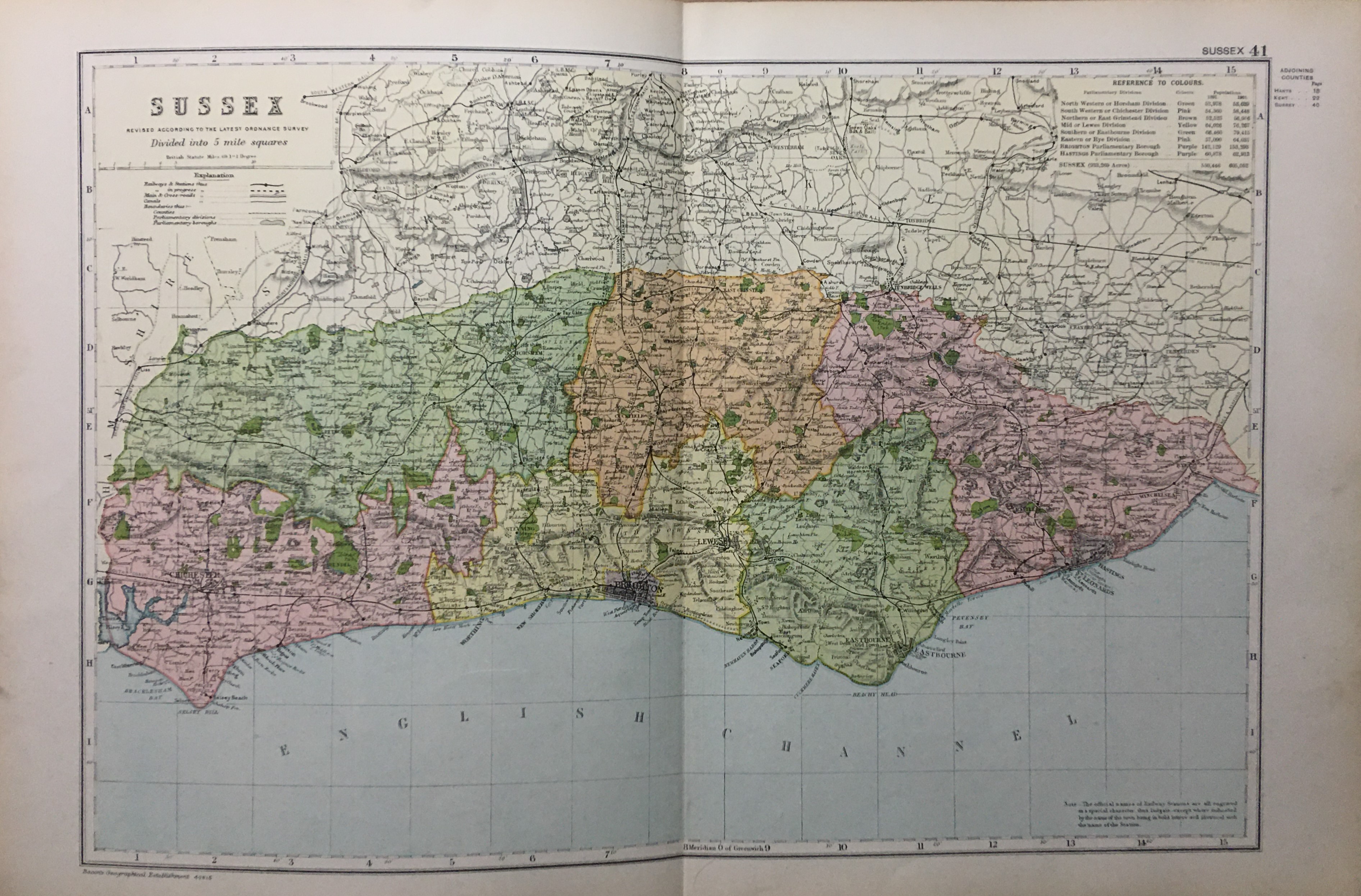 Coloured Antique Large Map County of Sussex GW Bacon 1904