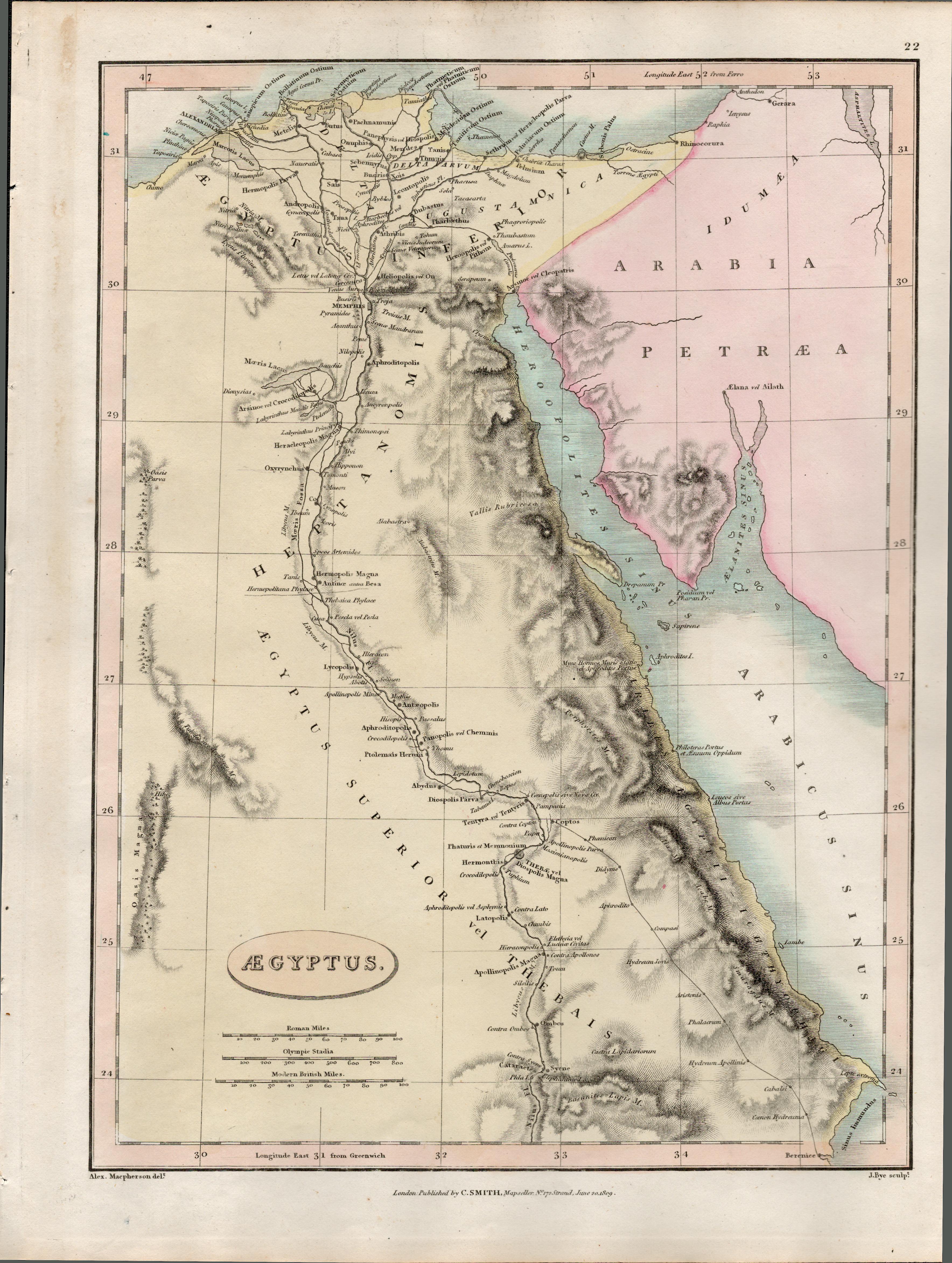 Aegyptus Egypt Charles Smith’s Coloured Classical Map 1809.