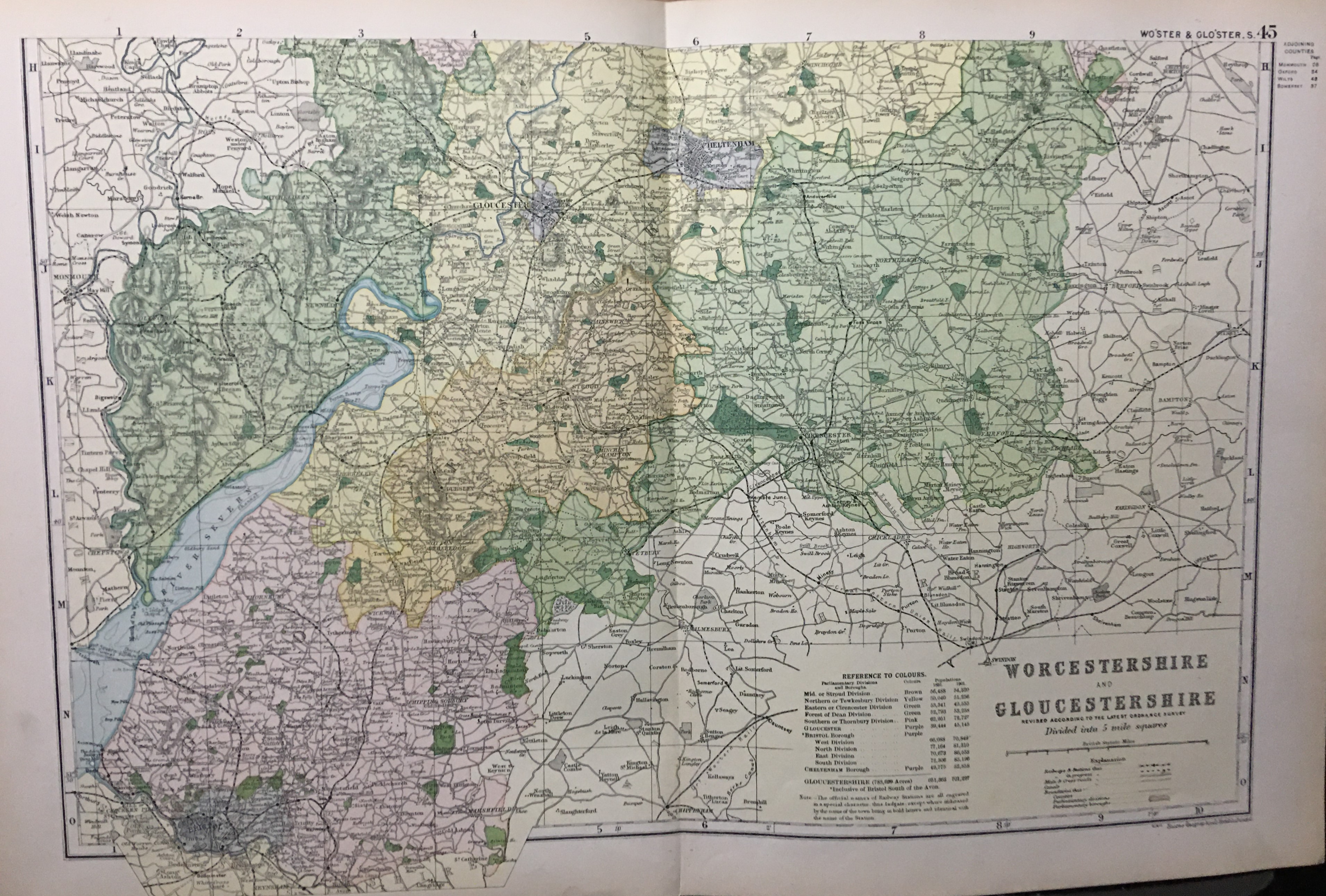 Coloured Antique Large Map Worcs & Glos South GW Bacon 1904.