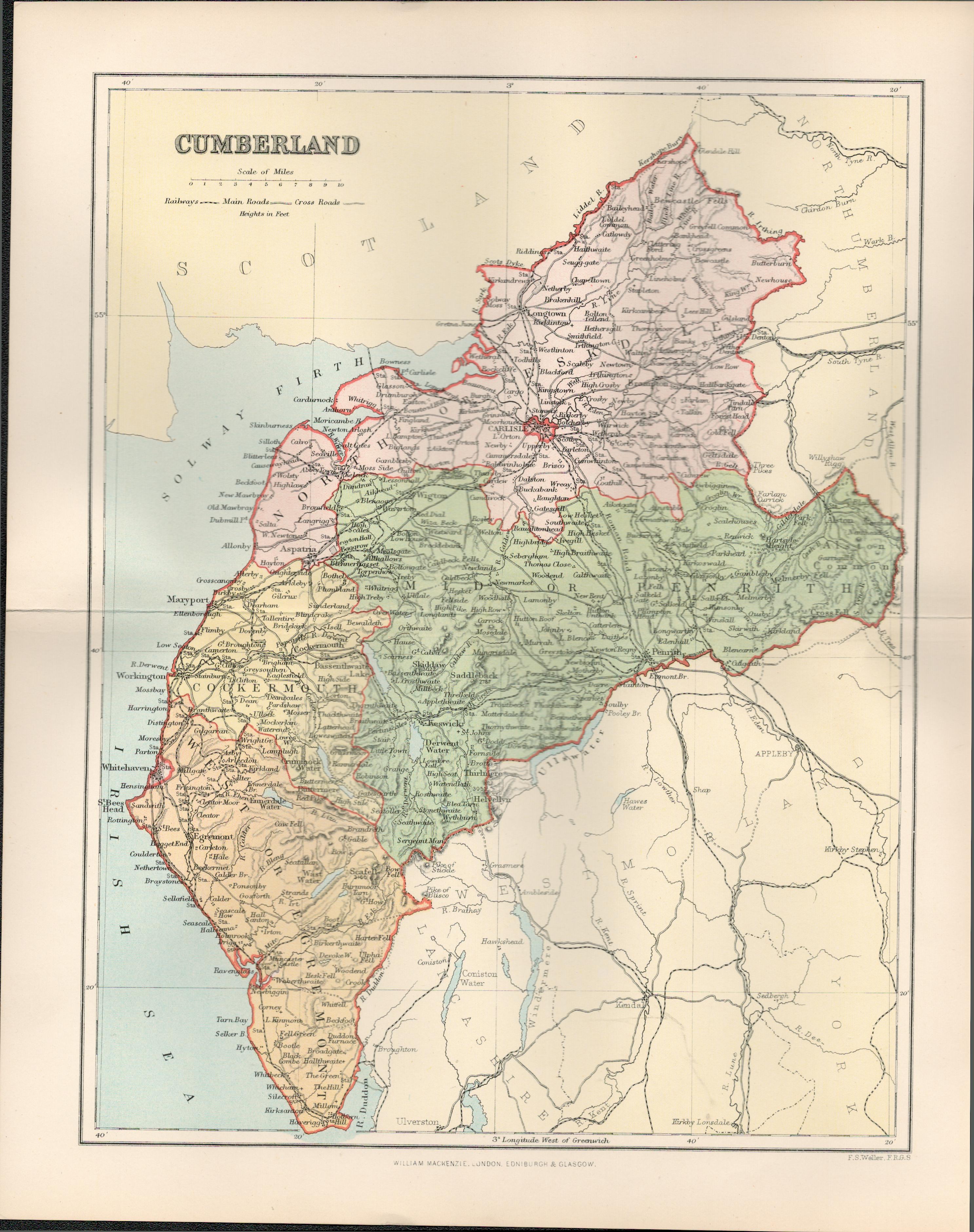 Penrith Maryport Cockermouth Victorian 1894 Coloured Antique Map.