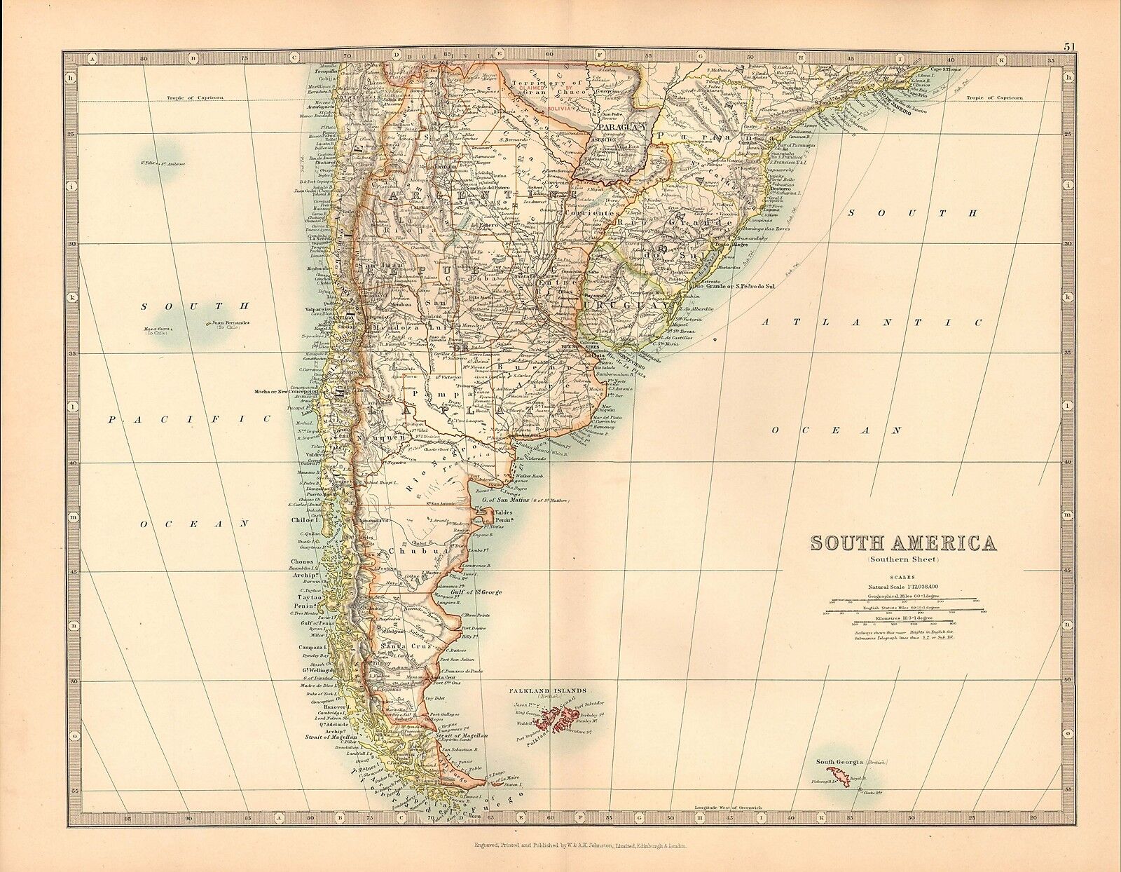 South America South Paraguay Uruguay Falklands Island Etc Large Antique Map.