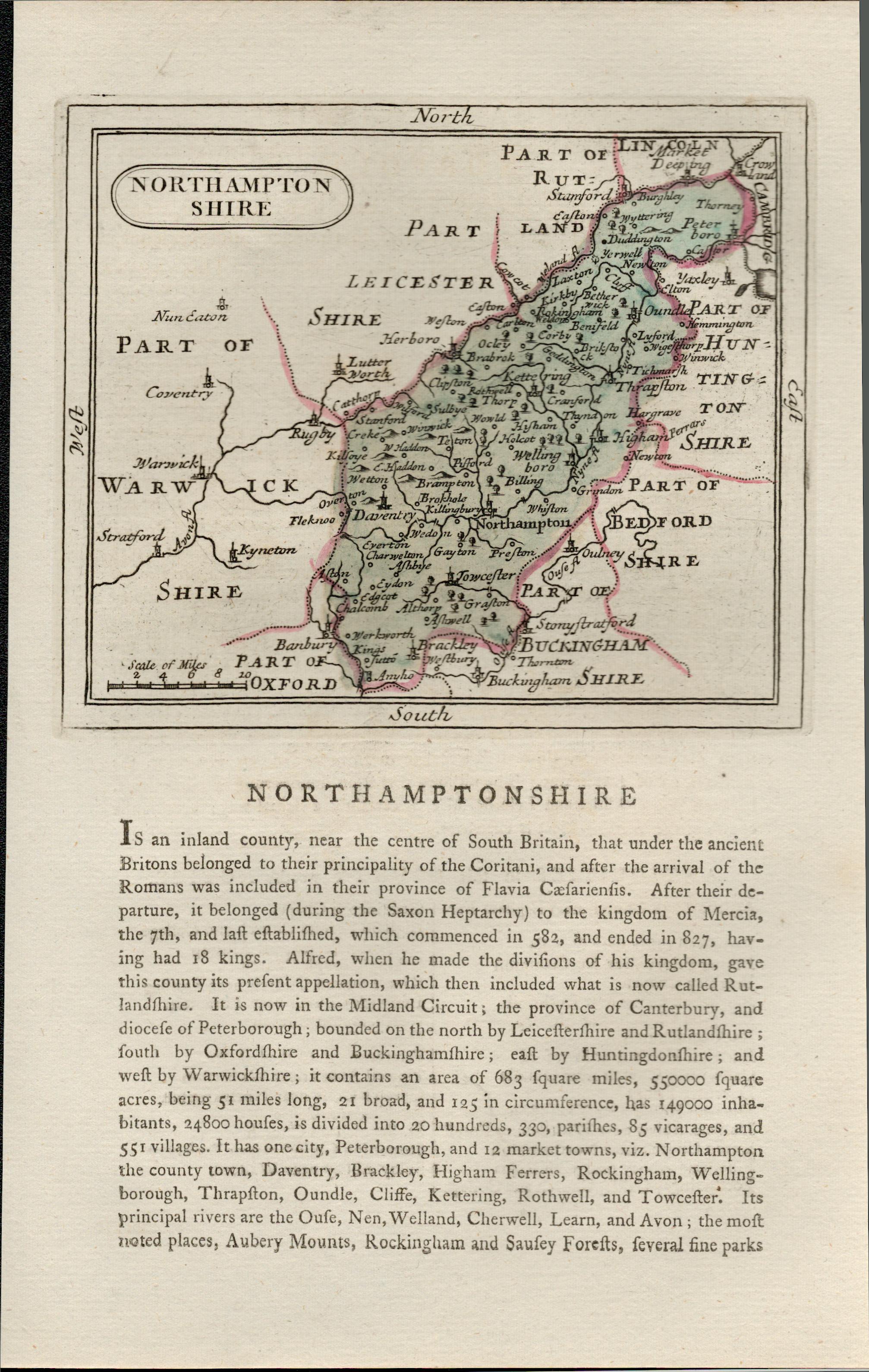 Northamptonshire Francis Grose 1783 Copper Plate Coloured County Map.