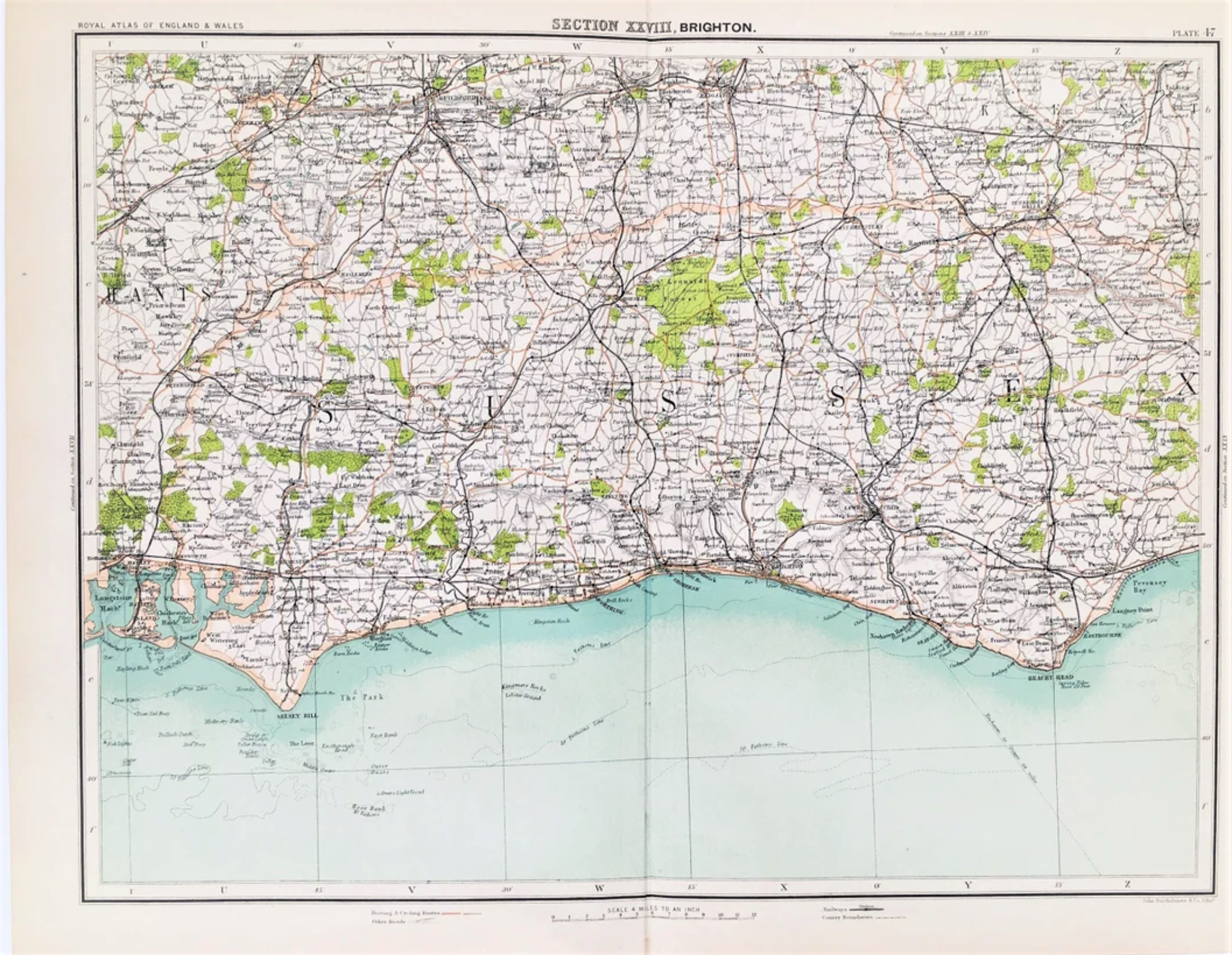 Victorian 1897 Map Brighton Sussex Chichester Havant Guildford Reigate Lewes.