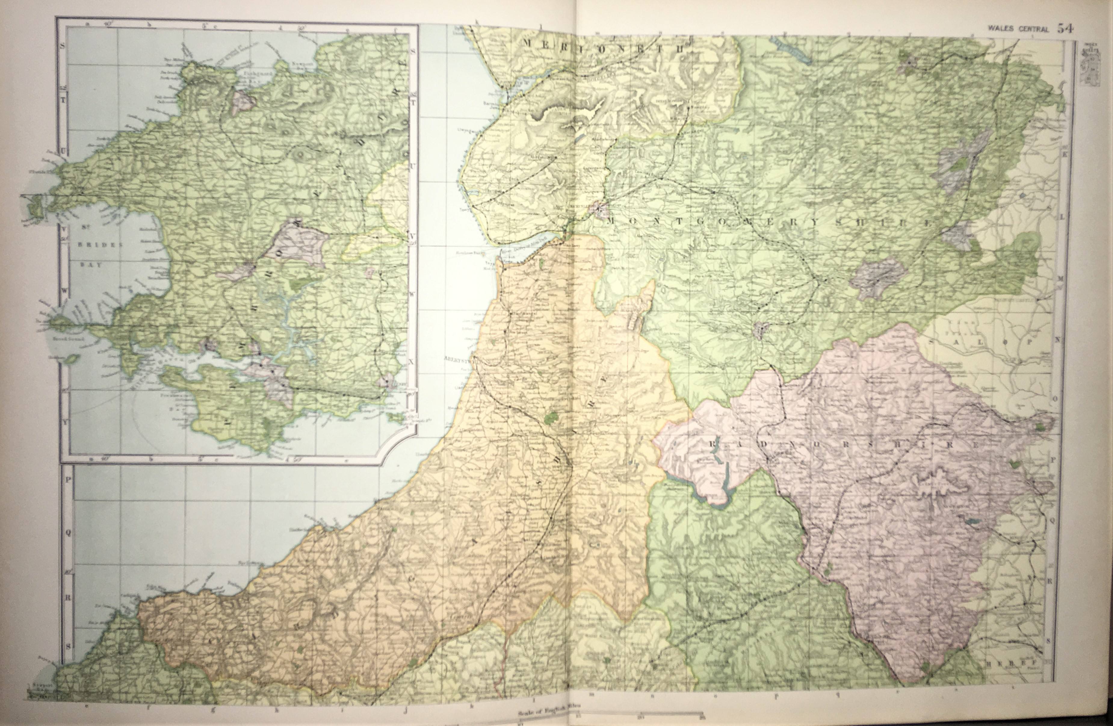 Coloured Antique Large Map Wales Central GW Bacon 1904.