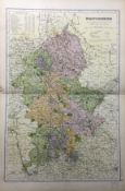 Coloured Antique Large Map Staffordshire GW Bacon 1904