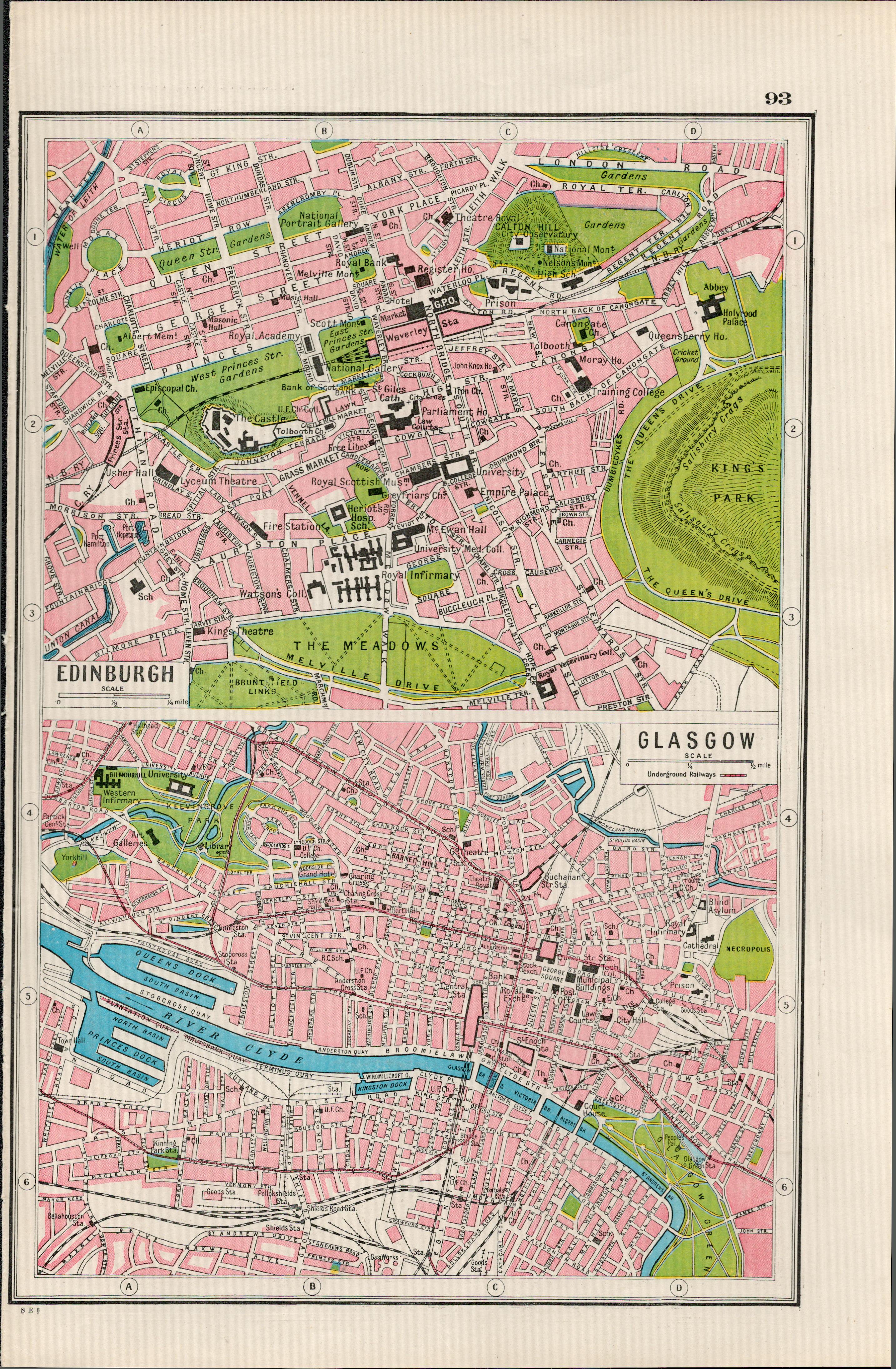 Edinburgh & Glasgow Street Plan Antique Coloured Map-93.