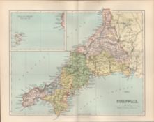 Cornwall Scilly Isles Victorian 1894 Coloured Antique Map.