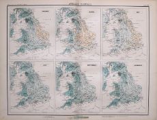 Victorian Antique 1897 Large Map England & Wales Average Rainfall.
