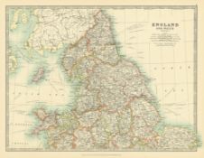 North England Isle of Man Lancs-Yorks Wales Large Coloured Antique Map.