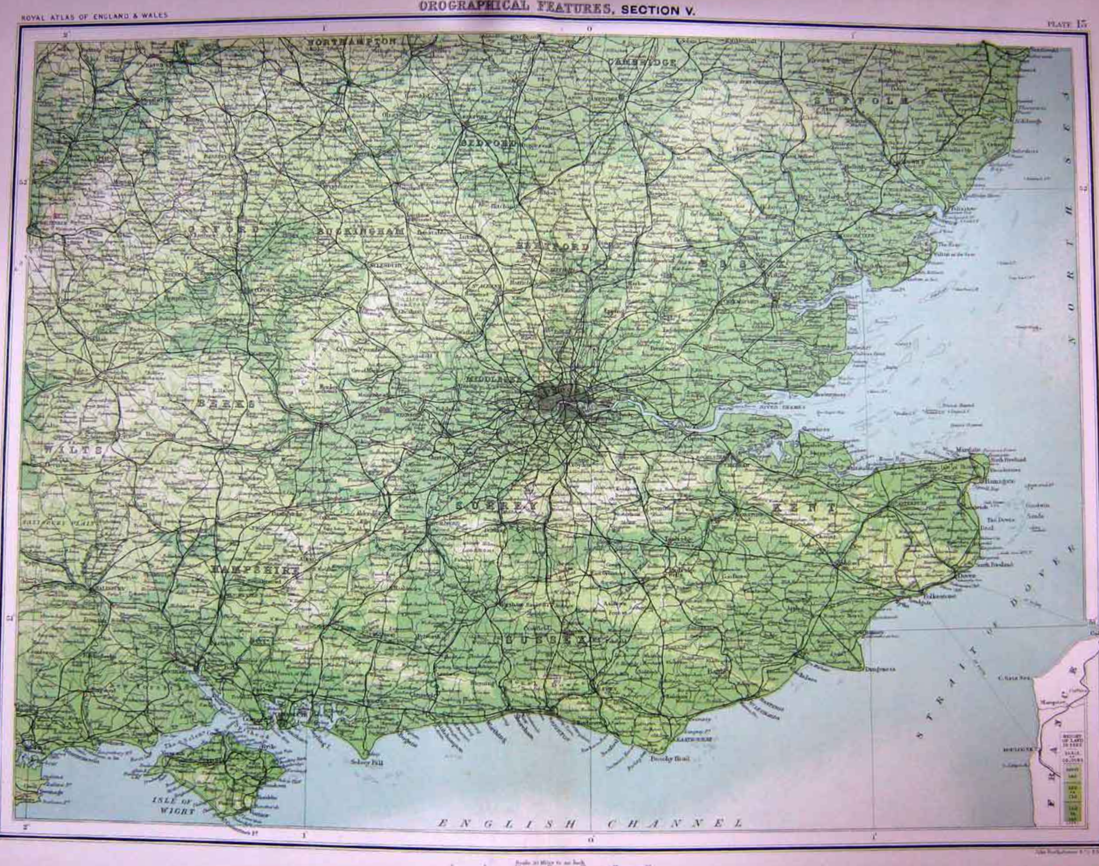 Victorian 1897 Orographical Map Kent, Sussex, Surrey, Hampshire, Berks.