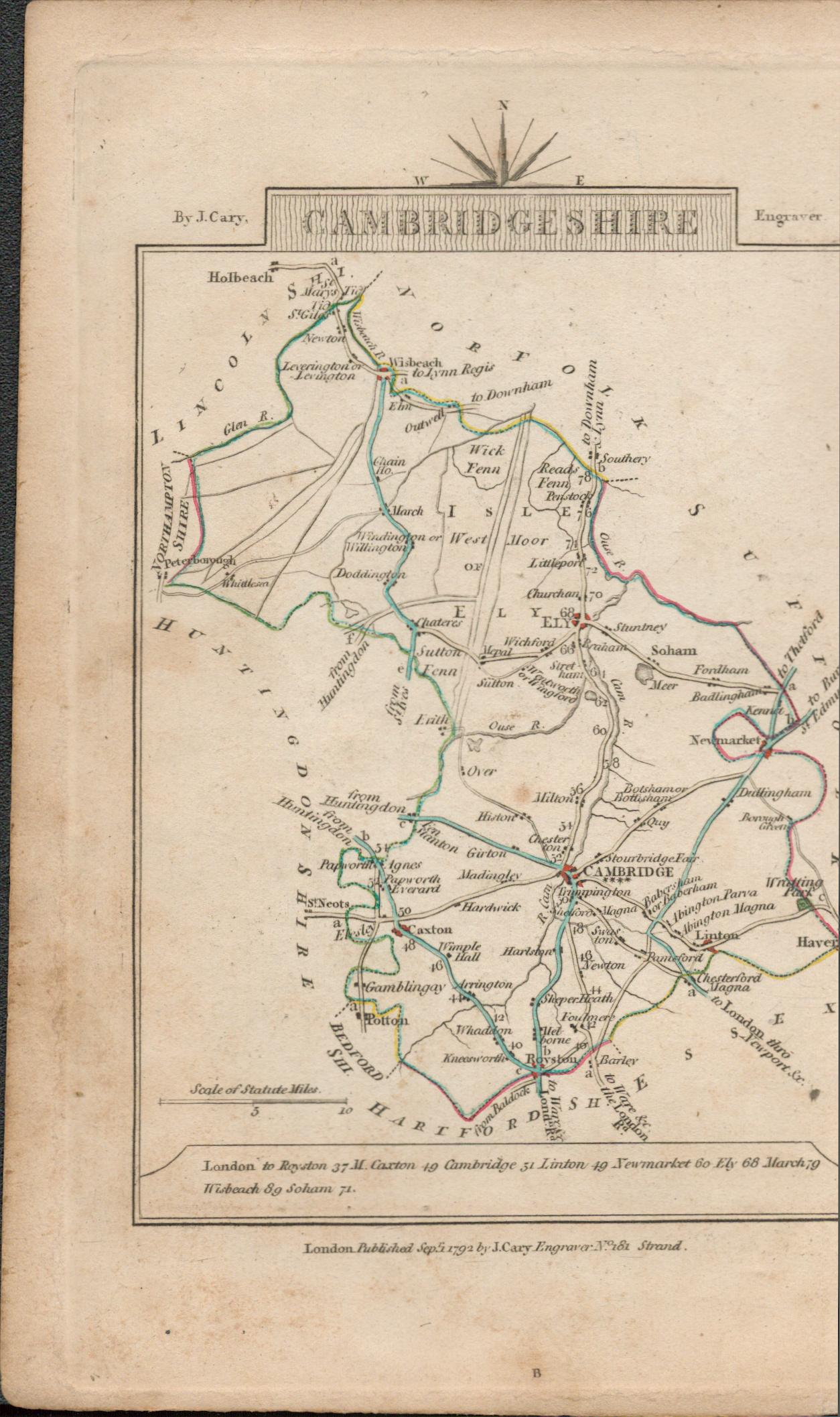 John Cary’s 1791 230 Yrs Old Engraved Map Buckinghamshire & Cambridgeshire.