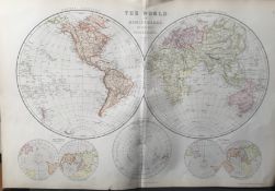 The World in Hemisphere Antique Victorian 1882 Blackie Map.