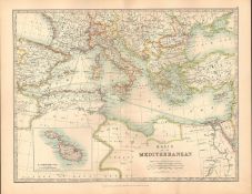 The Mediterranean Greece Italy Spain Etc Large Coloured Antique Map.