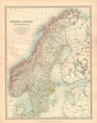 Sweden & Norway Scandinavia Large Coloured Antique Map.