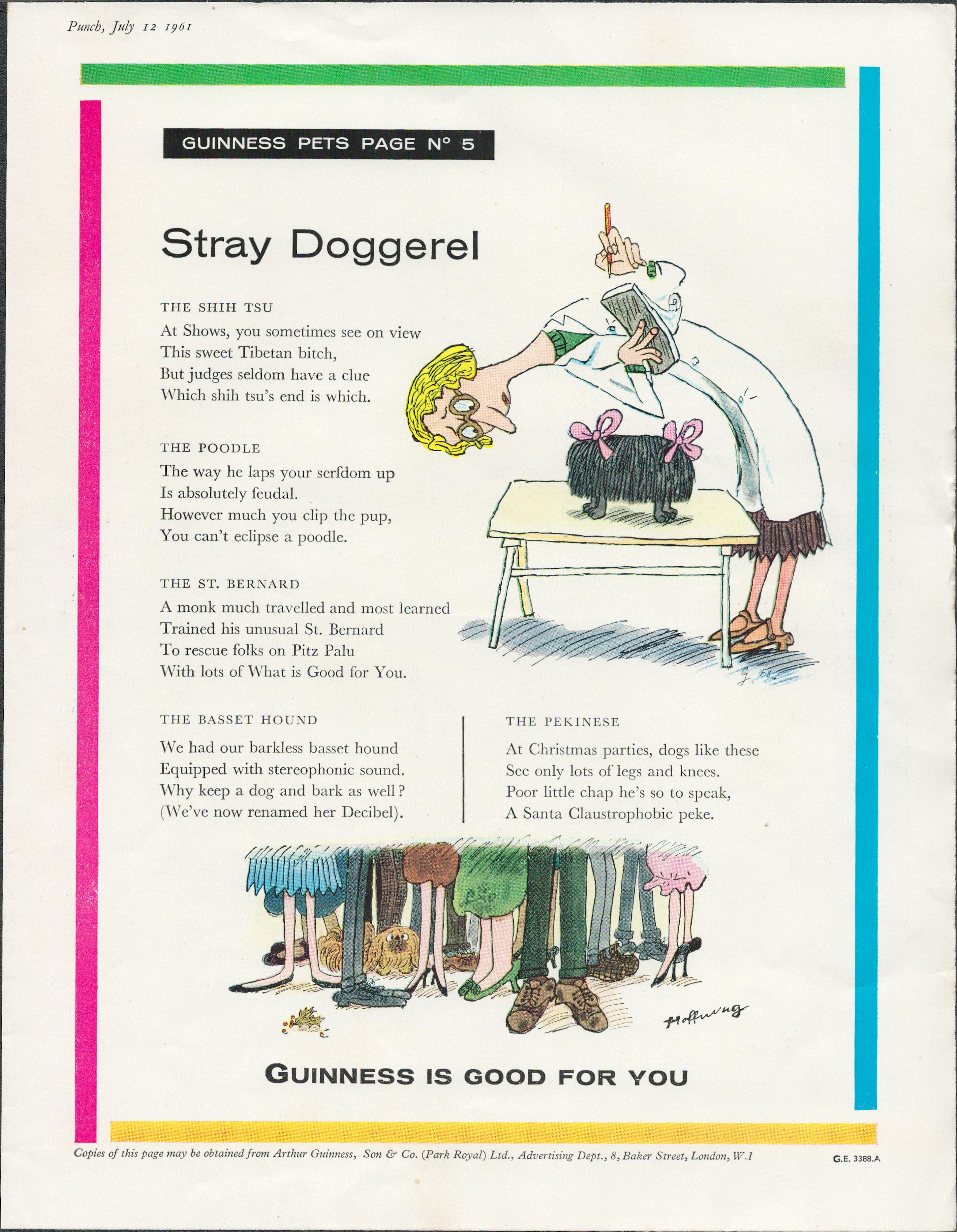 Original Vintage 1960 Guinness Pet Print Stray Doggerel GE 3388A.