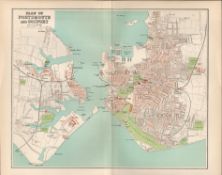 Plan Of Portsmouth Victorian 1894 Coloured Antique Map.