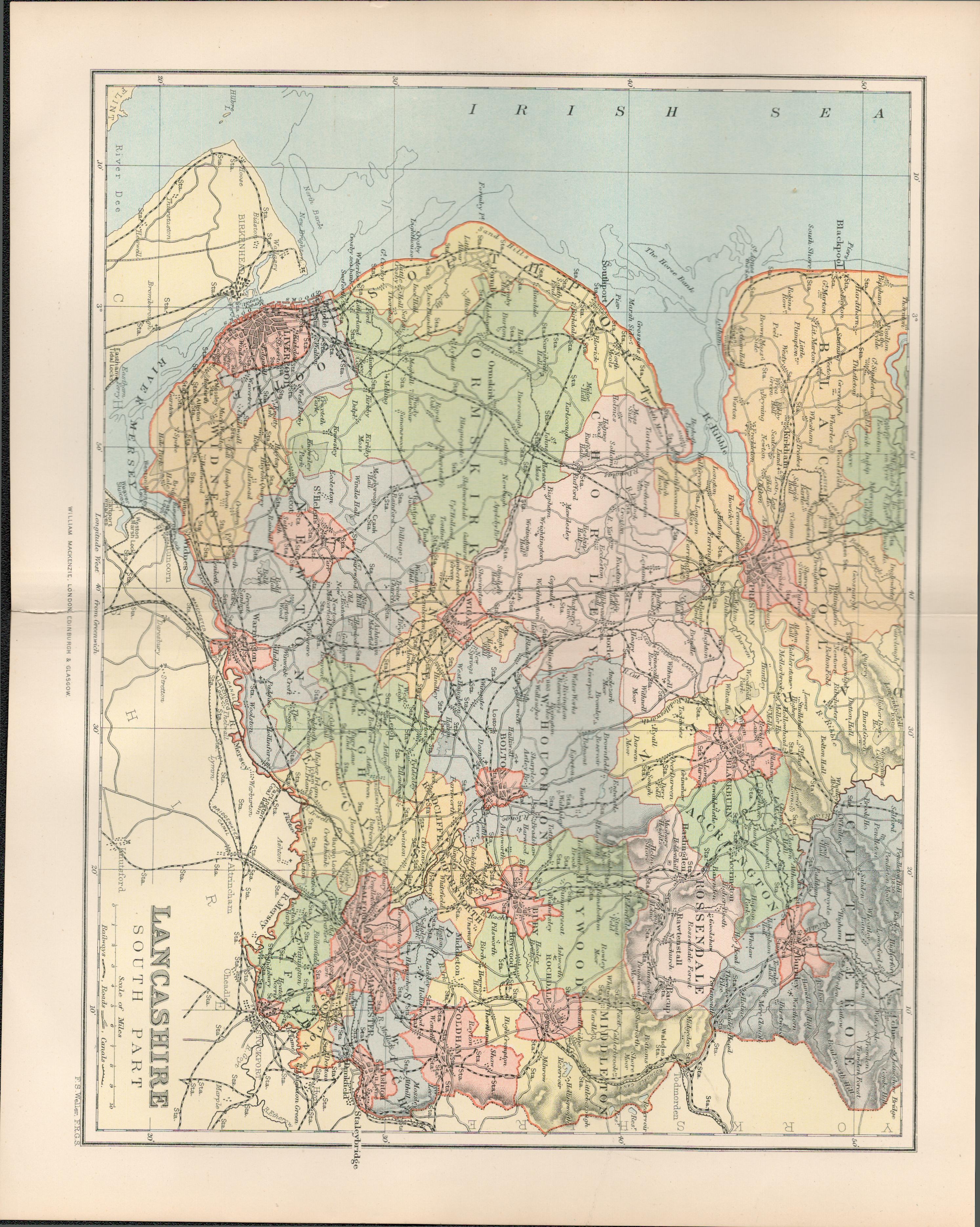 Lancashire Liverpool Southport Lytham Blackpool Antique 1894 Map.