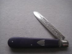 Rare Blue Bakerlite Plastic Hafted Silver Bladed Folding Fruit Knife