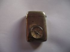 Victorian/Edwardian White Metal Vesta Case With Inset CompassVictorian/Edwardian White Metal Vesta C