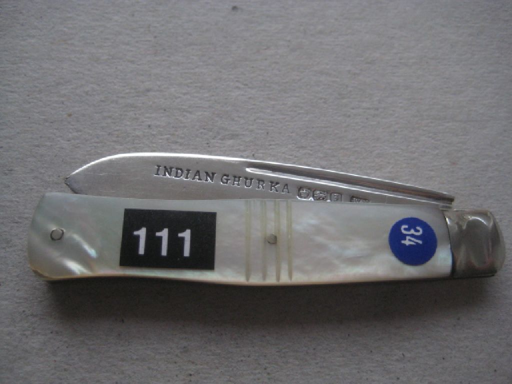 Rare George V Indian Ghurka Mother of Pearl Hafted Silver Bladed Folding Fruit Knife - Image 8 of 9