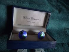 Sterling Silver & Enamel Globe Cufflinks With Swivel Back.