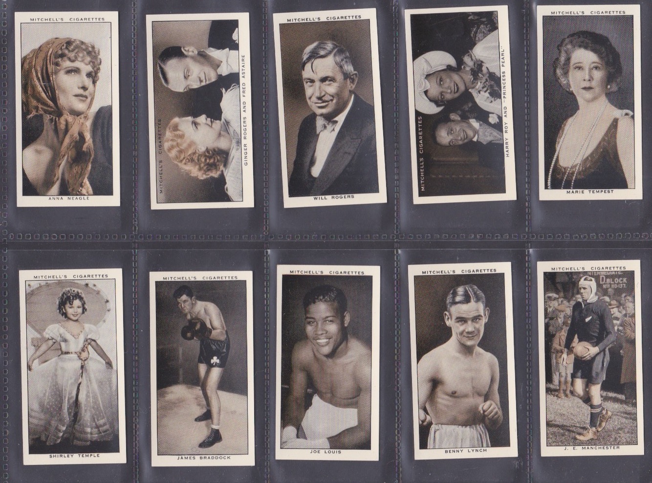 Set 50 Cigarette Cards A Gallery of 1935 Inc Joe Louis, Walt Disney By Mitchell Exc Con