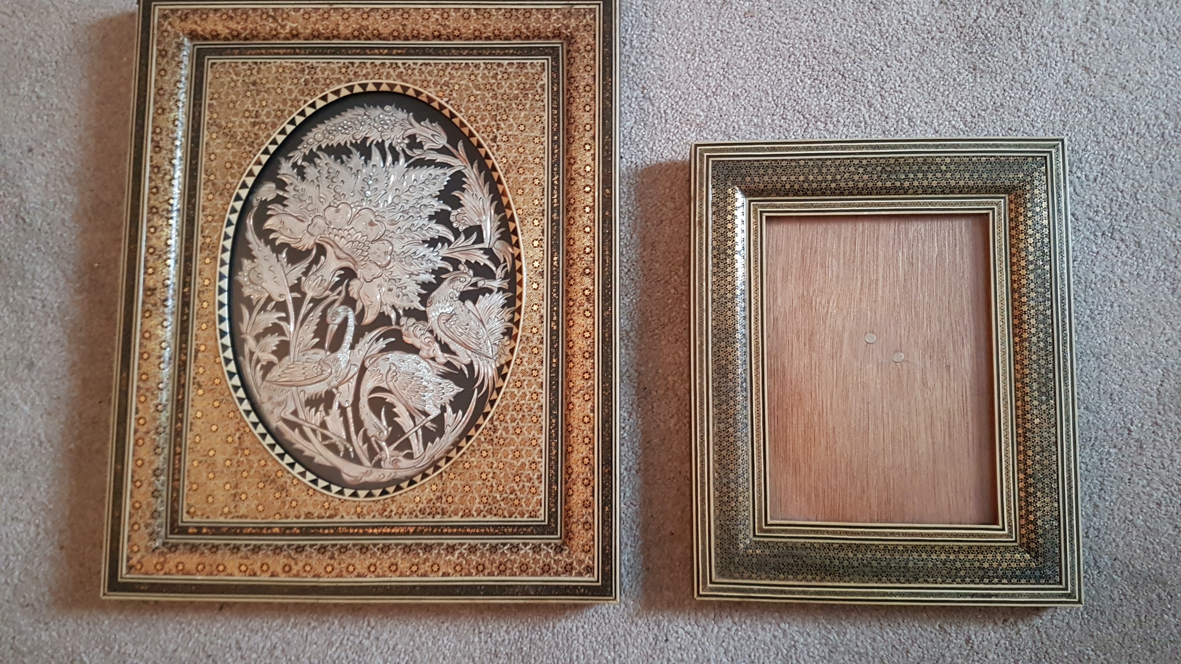2 Vintage Persian Khatam Marquetry Mosaic Wood Frames, 1 W/Silver Birds In Relief
