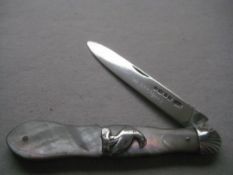 Rare Victorian Eagle Decorated Mother of Pearl Hafted Silver Bladed Folding Fruit Knife