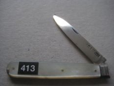 Rare Victorian Fitted Toothpick Mother of Pearl Hafted Silver Bladed Folding Fruit Knife