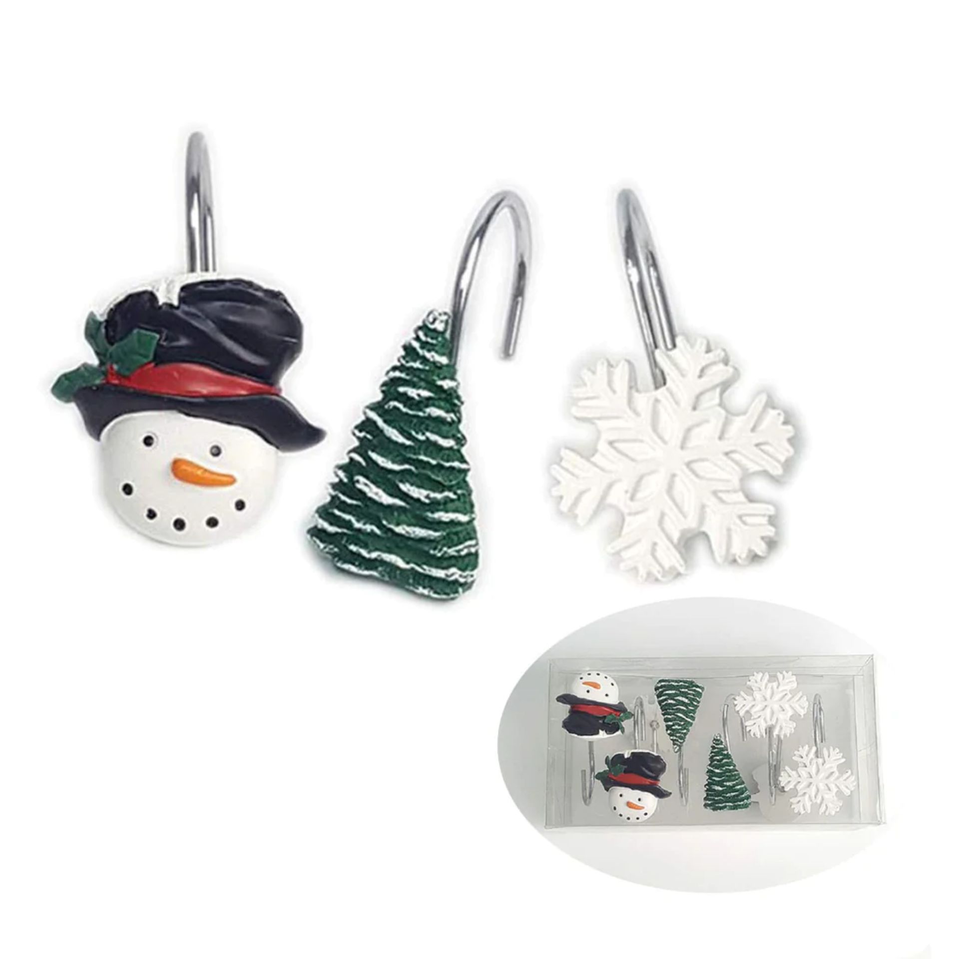 New Christmas Snow Curtain Hooks Snowman Christmas Tree Snow Bathroom Rolling Hangers 12PC Set