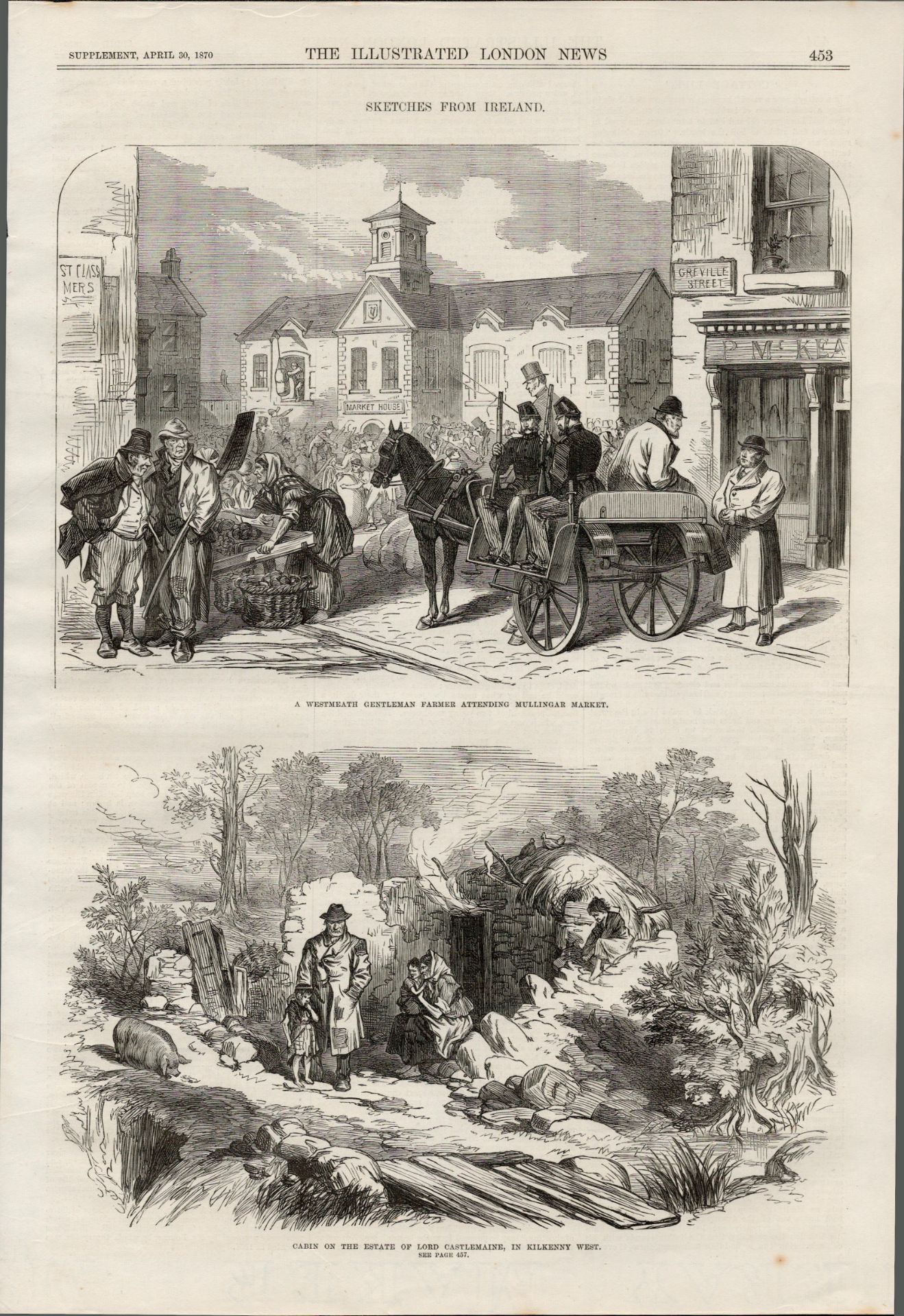 Mullingar Market & Kilkenny Ireland 1870 Antique Wood Engraved Print.