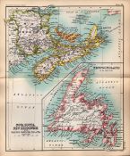 Nova Scotia Newfoundland Double Sided Antique 1896 Map.