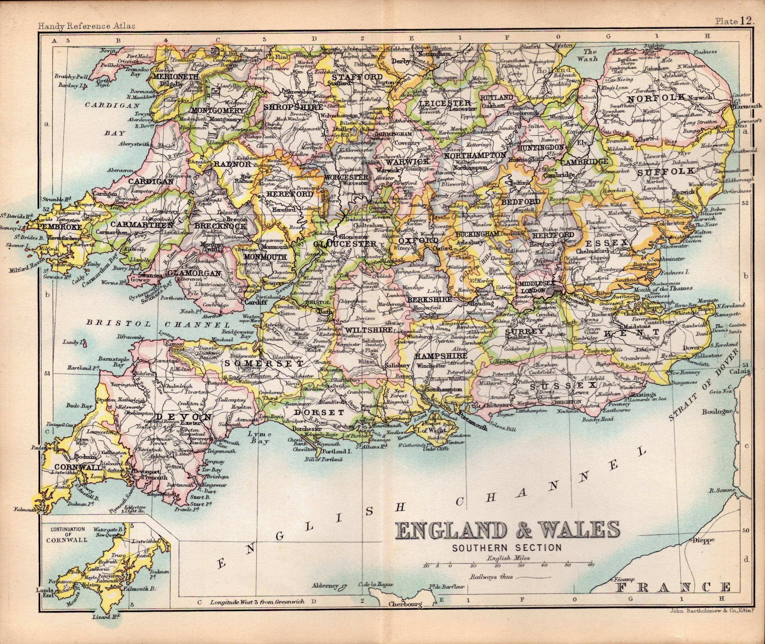 England & Wales South Area Double Sided Antique 1896 Map.