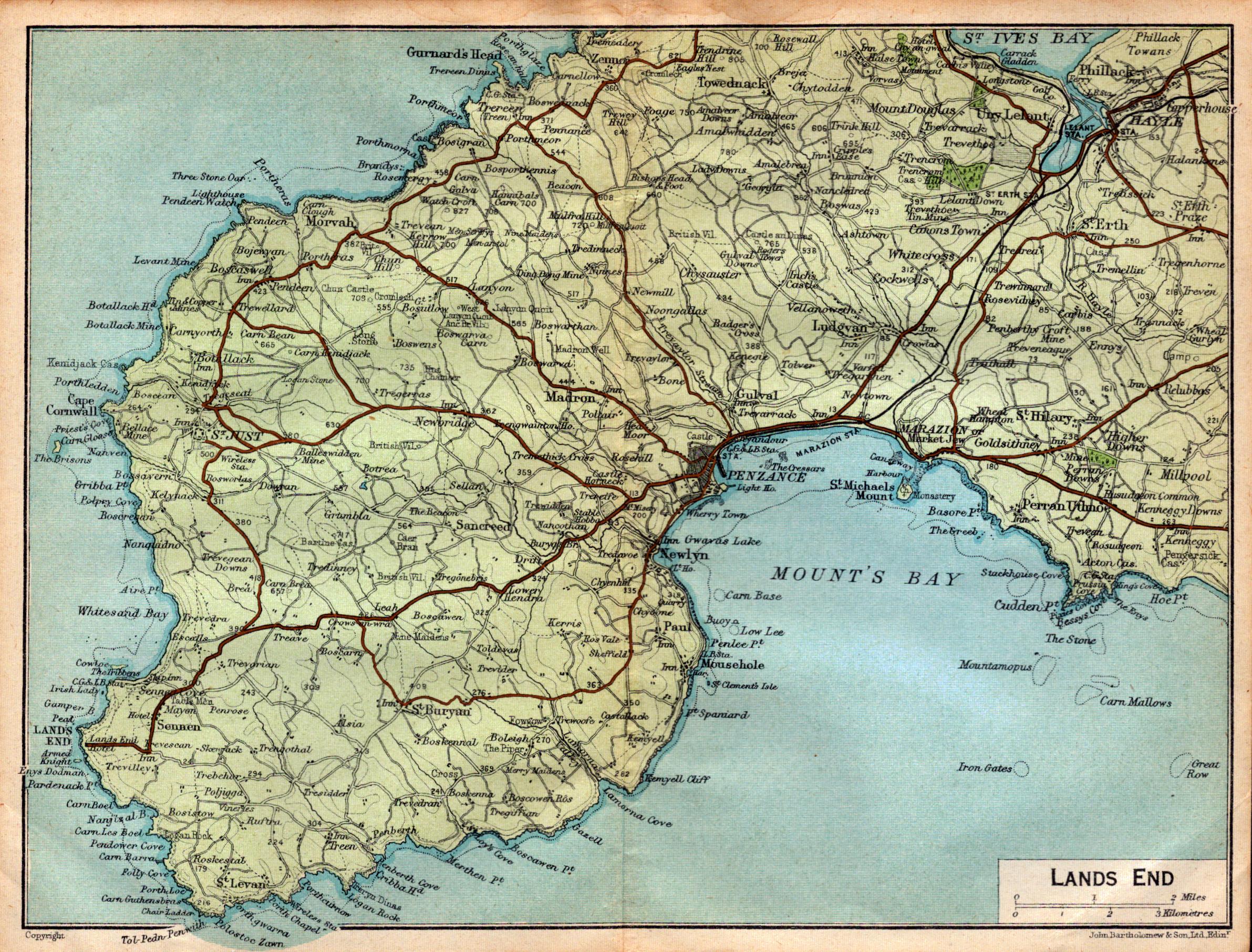 Lands End Cornwall Coloured Vintage 1924 Map.